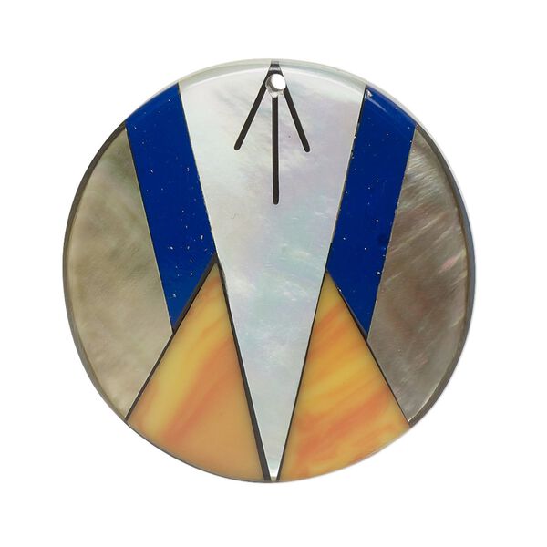 Focal, black lip shell and resin, multicolored, 34mm single-sided flat round with Santa Fe design. Sold individually. image number 0