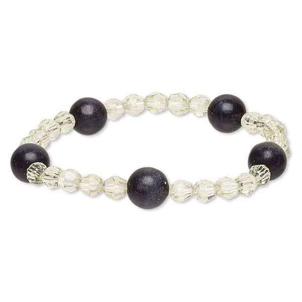 Bracelet, stretch, blackstone (dyed) and acrylic, yellow-green, 5-6mm faceted round and 9-10mm round, 6 inches. Sold individually. image number 0