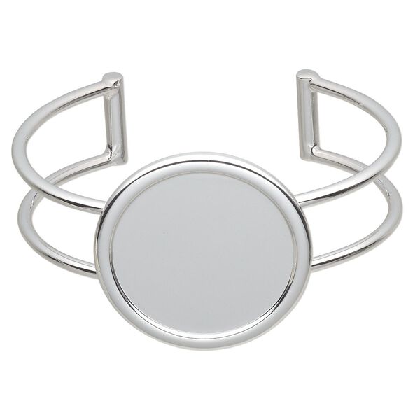 Bracelet, Almost Instant Jewelry®, cuff, silver-plated brass and "pewter" (zinc-based alloy), 65x36mm with 30mm round setting, adjustable. Sold individually. image number 0