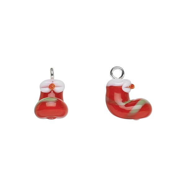 Drop, lampworked glass with silver-finished steel, red / white / green, 10x9mm stocking. Sold per pkg of 2. image number 0