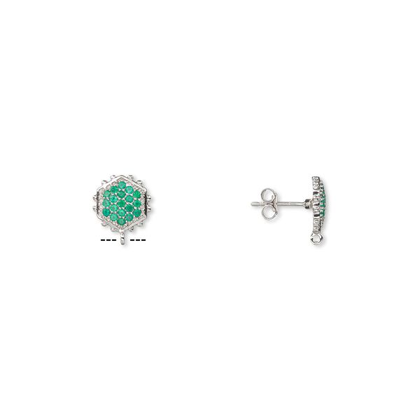Earstud 1pkg2 sterling silver / green onyx, 12x11mm beaded hexagon / open loop, 1 pair image number 0