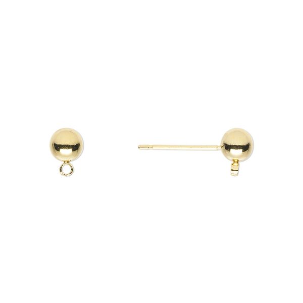 Earstud 1pkg10, 5mm ball / closed loop, gold-finished brass / stainless steel 5 pair image number 0