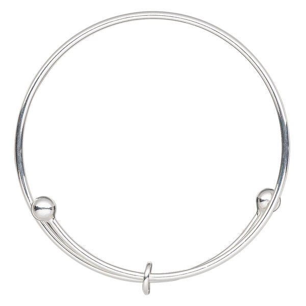 Bracelet, bangle, silver-finished steel, 2mm wide with 6mm ball and 8mm soldered jumpring, adjustable from 7-1/4 to 7-1/2 inches. Sold individually. image number 0