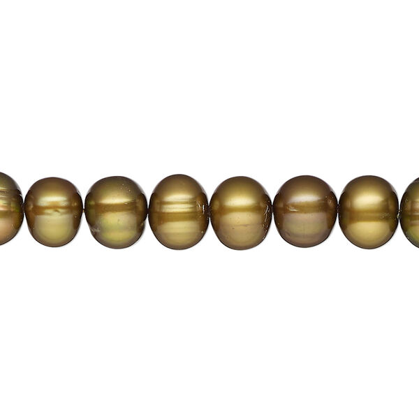 Pearl, cultured freshwater pearl (dyed), golden olive, 8-9mm semi-round, D grade, Mohs hardness 2-1/2 to 4. Sold per 15" strand, approximately 60 beads. image number 0