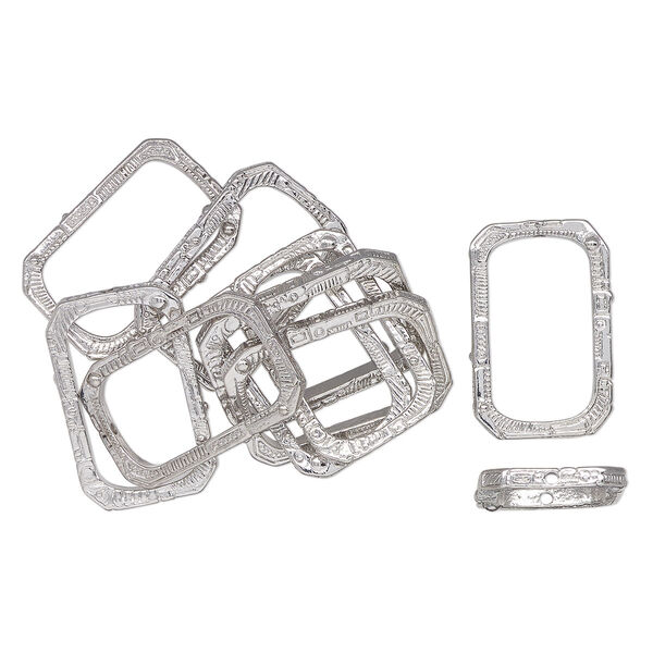 Bead frame, imitation rhodium-finished "pewter" (zinc-based alloy), 36x24mm textured rectangle. Sold per pkg of 10. image number 0