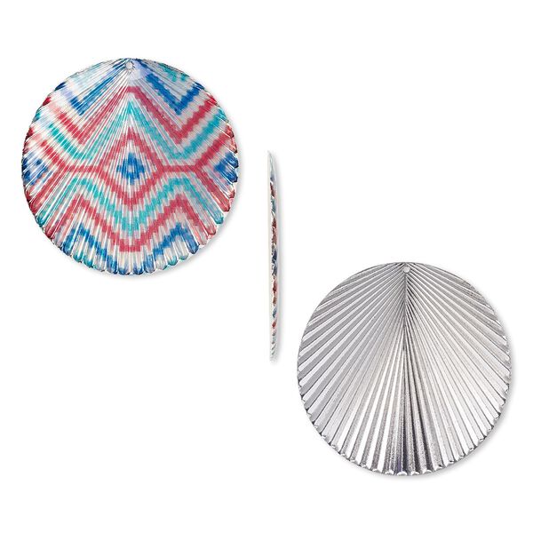 Focal, resin and silver-plated steel, red / light blue / dark blue, 40mm single-sided round with zigzag pattern and textured back. Sold individually. image number 0
