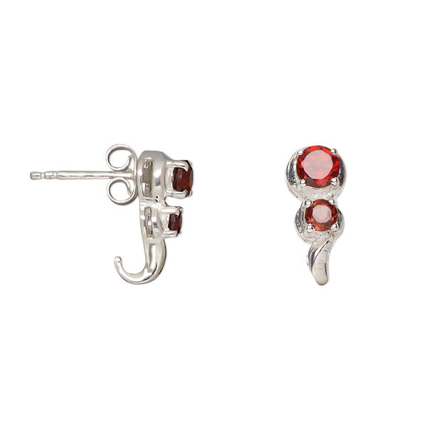 Earstud, garnet (natural) and sterling silver, 14mm with 4mm and 3mm faceted round with post. Sold per pair. image number 0