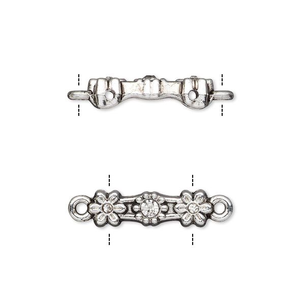 Link, glass rhinestone and antique silver-finished "pewter" (zinc-based alloy), clear, 18x5mm double-drilled bar with flower design, fits up to 11.5mm bead. Sold per pkg of 10. image number 0