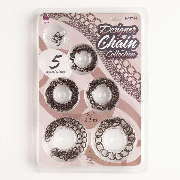 Chain assortment, brass-finished steel, curb and double rope, assorted sizes. Sold per 11-piece set. image number 0