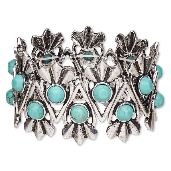 Bracelet, stretch, magnesite (dyed / stabilized) and antique silver-plated "pewter" (zinc-based alloy), blue, 38mm wide with zigzag design, up to 7 inches. Sold individually. image number 0