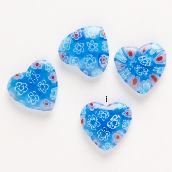 Bead, millefiori glass, pkg/4, translucent sky blue/red/white, 18-20mm half-drilled puffed heart. image number 0
