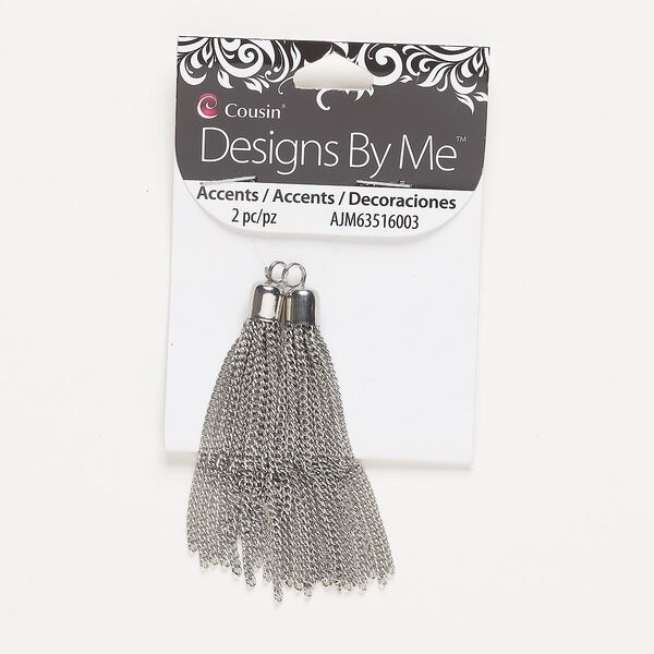 Focal, silver-finished steel, 3 x 1/4 inch tassel. Sold per pkg of 2. image number 0