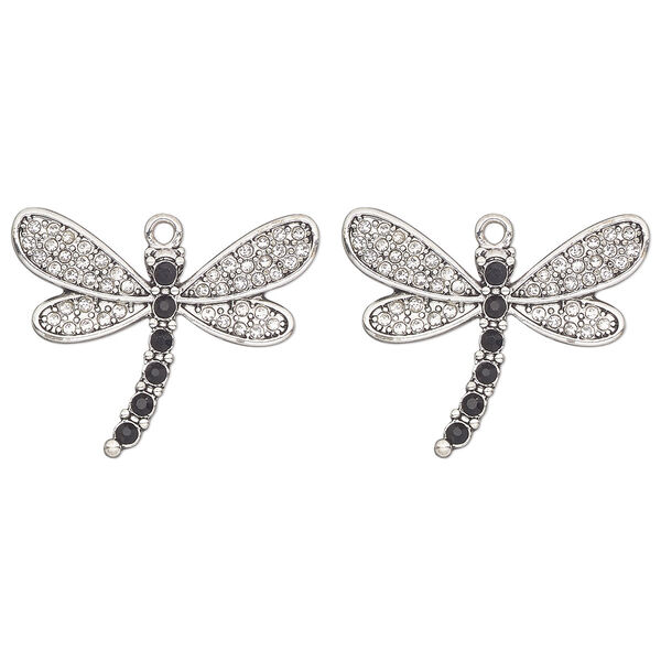 Focal, antique silver-finished "pewter" (zinc-based alloy) and glass, clear and black, 33x23mm single-sided dragonfly. Sold per pkg of 2. image number 0