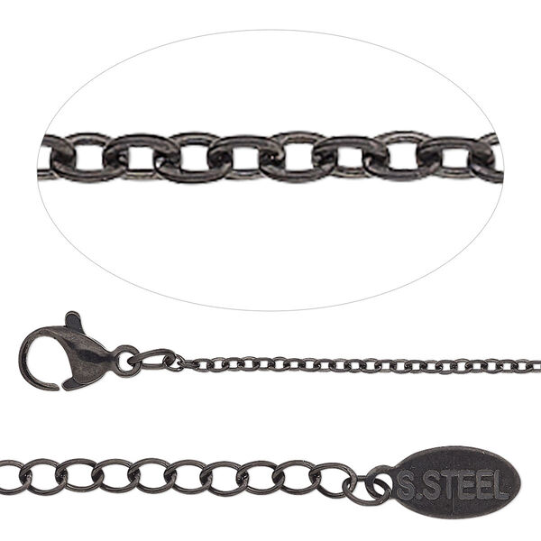 Chain, black-finished stainless steel, 1.5mm cable, 20 inches with 2-inch extender chain and lobster claw clasp. Sold individually. image number 0
