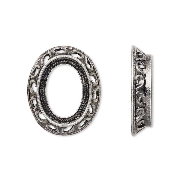 Component, antique silver-plated brass, 22x18.5mm oval with swirl design and 16x12mm oval setting. Sold per pkg of 4. image number 0