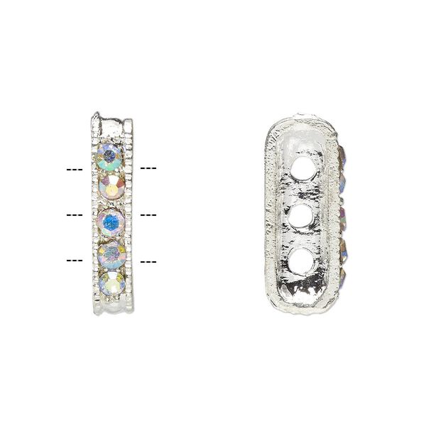Spacer bar, Egyptian glass rhinestone and imitation rhodium-plated pewter (tin-based alloy), clear AB, 18x3mm 3-strand rectangle, fits up to 3.5mm bead. Sold per pkg of 12. image number 0