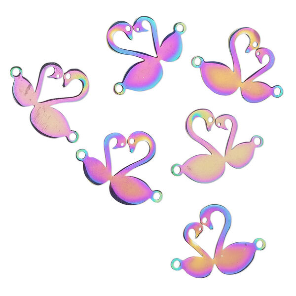 Link, electro-coated stainless steel, rainbow, 16x15.5mm double-sided swans. Sold per pkg of 6. image number 0