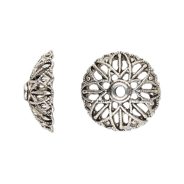 Bead cap, antique silver-finished "pewter" (zinc-based alloy), 19x7mm round with open flower design and 2mm hole, fits 18-24mm bead. Sold per pkg of 12. image number 0