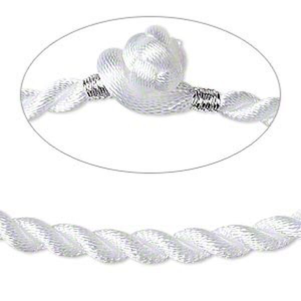 Necklace cord, satin-finished nylon, white, 5mm smooth twist, 18 inches with knot closure. Sold per pkg of 2. image number 0