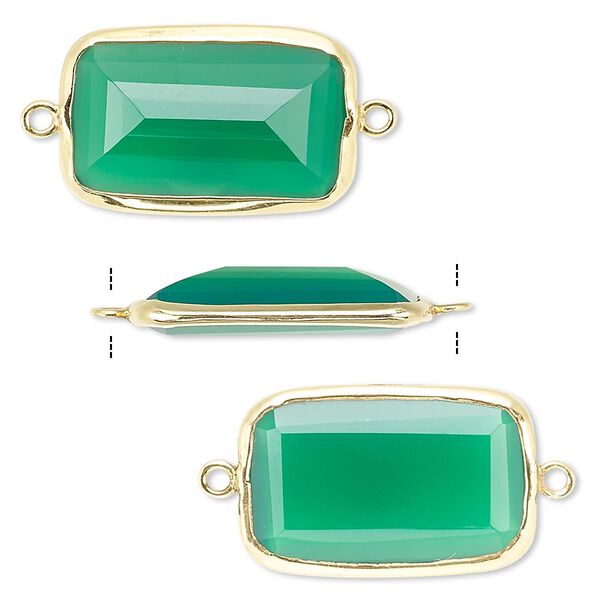 Link, green onyx (dyed) and gold-finished sterling silver, 22x13mm two-sided faceted rectangle. Sold per pkg of 2. image number 0