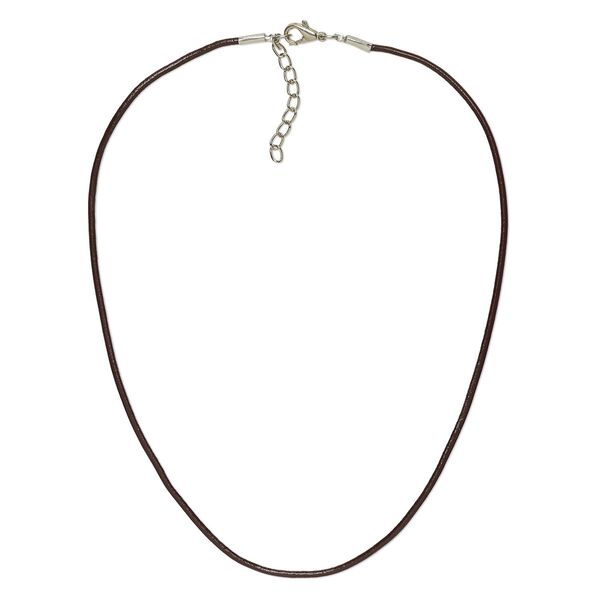 Necklace cord, leather and imitation rhodium-plated brass and steel, brown, 2mm round, 24 inches with 2-inch extender chain and lobster claw clasp. Sold per pkg of 6. image number 0