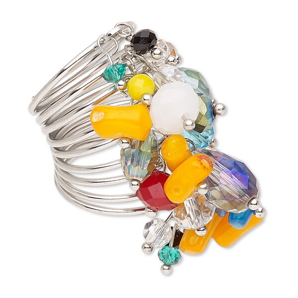 Ring, bamboo coral (dyed) / glass / imitation rhodium-finished steel, multicolored, 28mm wide, size 7-1/2. Sold individually. image number 0