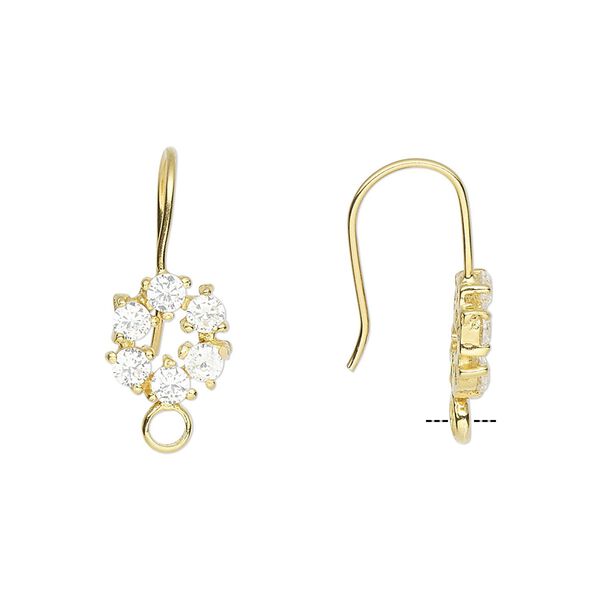 Ear wire fishhook 1pkg2 sterling silver / cubic zirconia, 21.5mm / 9mm faceted flower / closed loop, 20 gauge gold-finished clear 1 pair image number 0