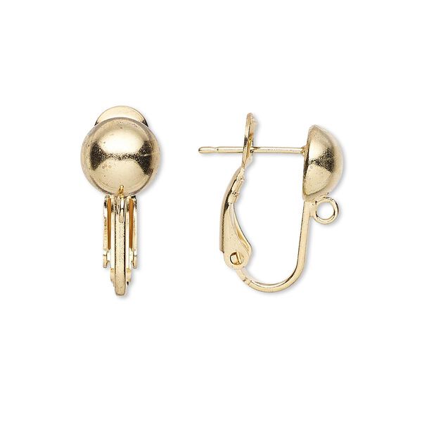 Earring, gold-plated brass, 18mm hinged with loop and 8mm ball with post. Sold per pkg of 5 pairs. image number 0