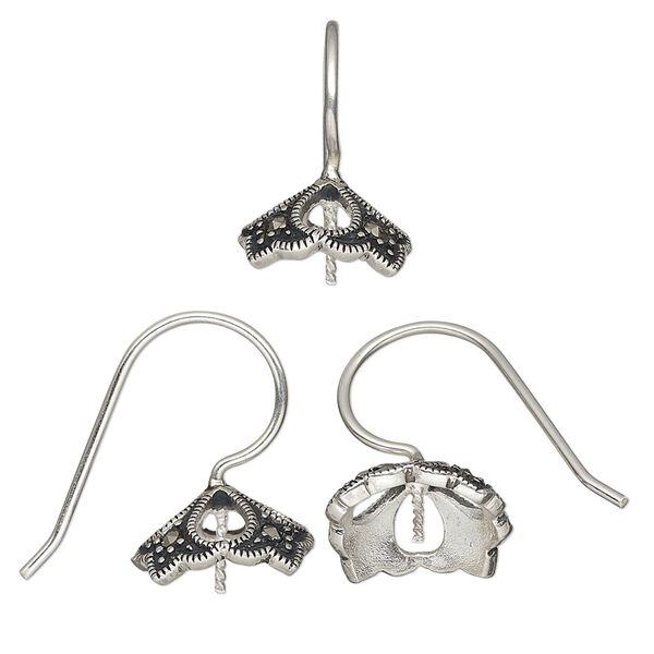 Ear wire, marcasite (natural) and antiqued sterling silver, 19mm fishhook with fancy square and teardrop cutouts with 0.8mm twisted peg, fits 12-14mm half-drilled bead, 18 gauge. Sold per pair. image number 0