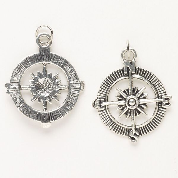 Charm, "pewter" (zinc-based alloy) and steel, pkg/2, antique silver finish, 25mm single-sided compass. image number 0