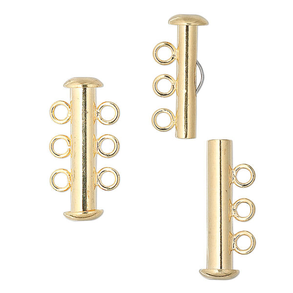 Clasp, 3-strand slide lock, gold-plated brass, 21x6mm tube. Sold per pkg of 100. image number 0