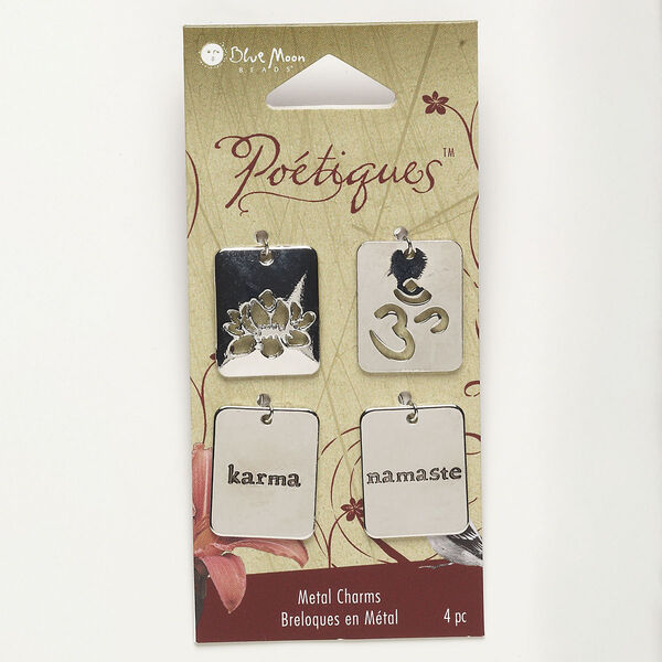 Drop, silver-finished steel and "pewter" (zinc-based alloy), 22x16mm rounded rectangle with assorted designs. Sold per pkg of 4. image number 0