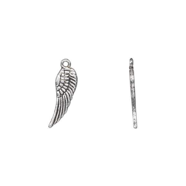 Charm, antique silver-plated "pewter" (zinc-based alloy), 15x5mm double-sided wing. Sold per pkg of 50. image number 0