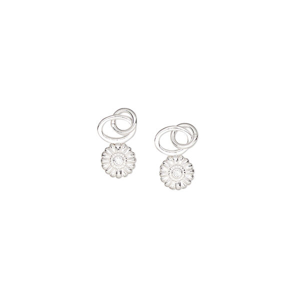 Charm, sterling silver and cubic zirconia, clear, 5mm single-sided sunflower with 4mm closed oval loop. Sold per pkg of 2. image number 0