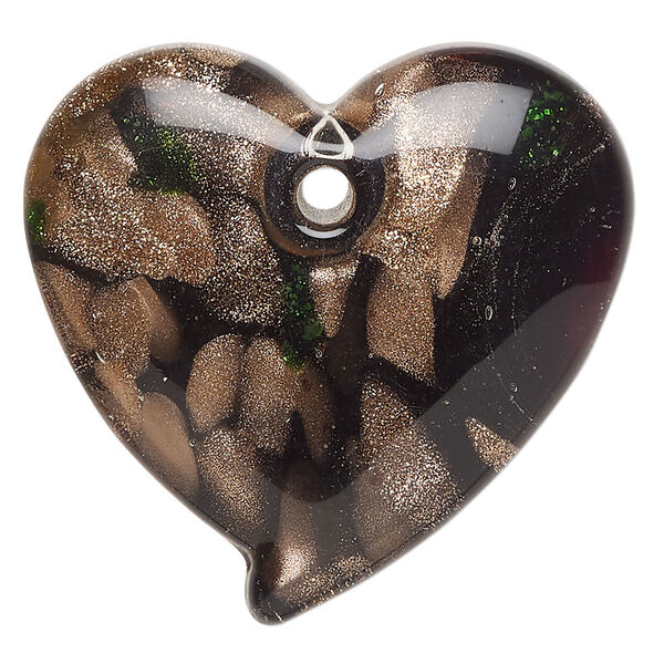 Focal, lampworked glass, opaque black, 35mm-38mm heart with copper-colored glitter. Sold individually. image number 0