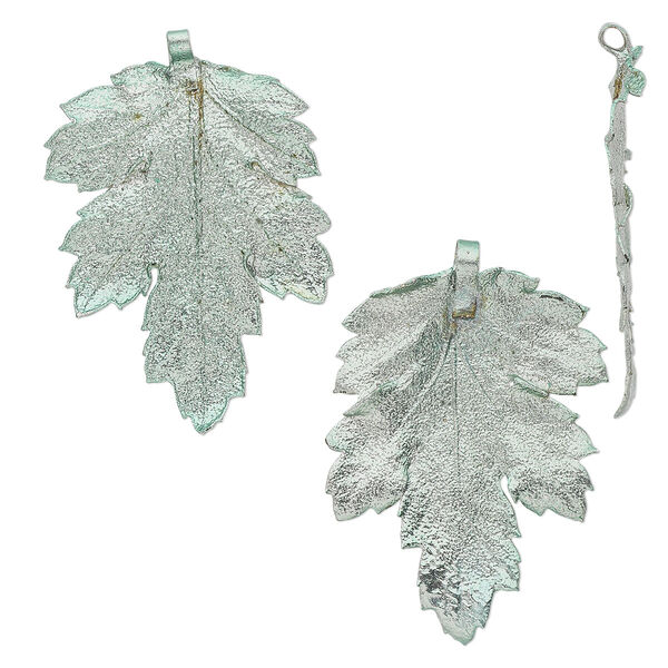 Pendant, silver-plated tin and natural leaf, green, 21x17mm-47x37mm chrysanthemum. Sold per pkg of 2. image number 0