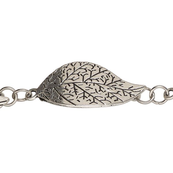 Link, antique silver-finished "pewter" (zinc-based alloy) and steel, 28x15mm textured curved leaf. Sold per pkg of 6. image number 0