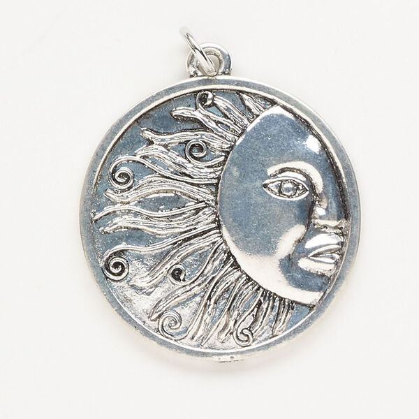Focal, antique silver-finished "pewter" (zinc-based alloy) and steel, 30mm round with sun design. Sold individually. image number 0