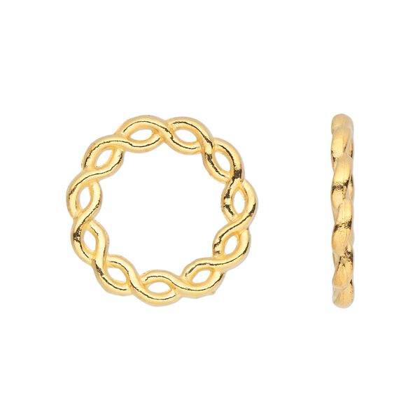 Component, gold-finished "pewter" (zinc-based alloy), 20mm double-sided donut with twisted rope design. Sold per pkg of 20. image number 0