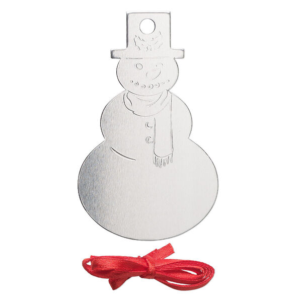 Ornament, ImpressArt®, aluminum and polyester, 3 x 1-3/4 inch snowman with ribbon. Sold per pkg of 3. image number 0