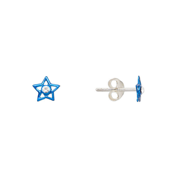 Earstud, Create Compliments®, enamel and sterling silver, blue, 6mm star. Sold per pair. image number 0