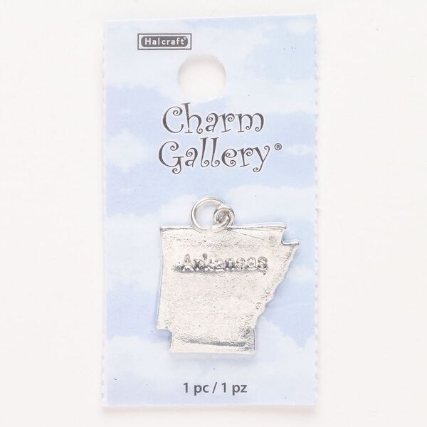Charm, steel and enamel, pkg/1, silver finish and black, 23x21mm with "Arkansas." image number 0
