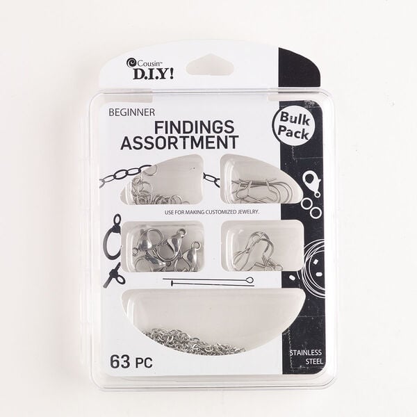 Finding assortment, stainless steel, pkg/1, assorted sizes and shapes, silver finish and antique silver finish. image number 0
