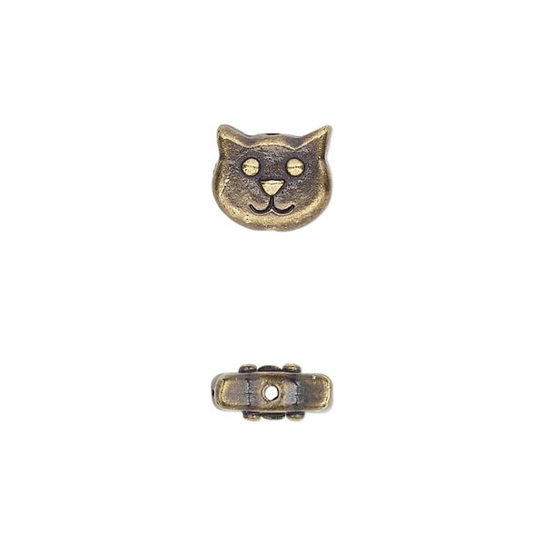 Bead, TierraCast®, antique brass-plated pewter (tin-based alloy), 10x8.5mm double-sided cat face. Sold per pkg of 2. image number 0