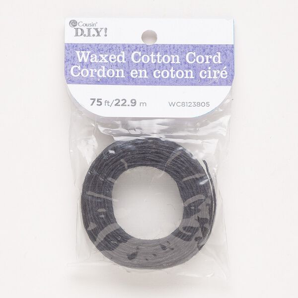 Cord, waxed cotton, black, 1mm round. Sold per 75-foot pkg. image number 0
