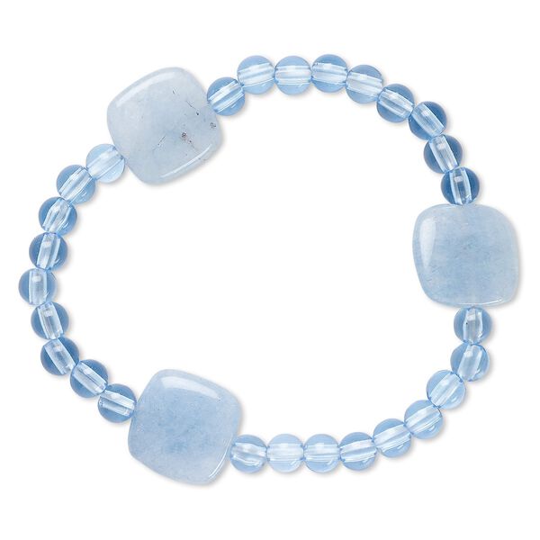 Bracelet, stretch, quartz (dyed) and acrylic, blue, 5mm round and 16-17mm flat square, 7 inches. Sold individually. image number 0