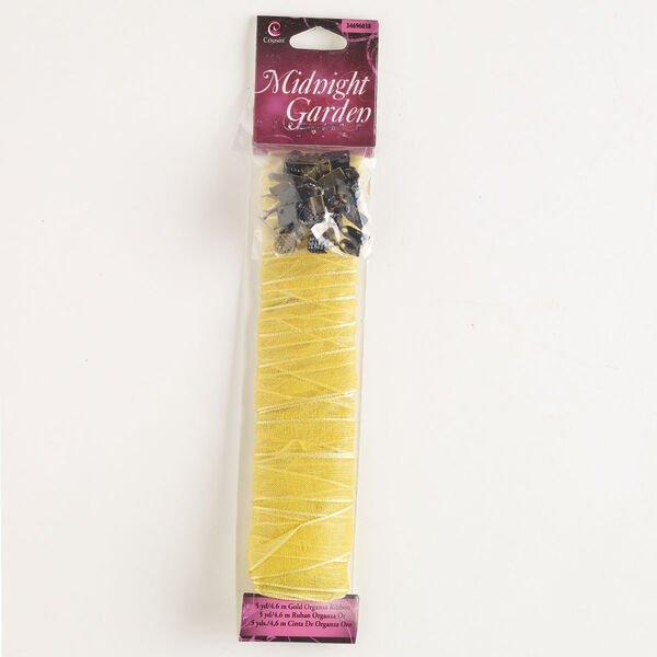 Ribbon and finding assortment, organza and antique brass- / black- / imitation rhodium-finished steel, mixed colors, 13mm flat and mixed sizes and shapes. Sold per 25-piece set. image number 0
