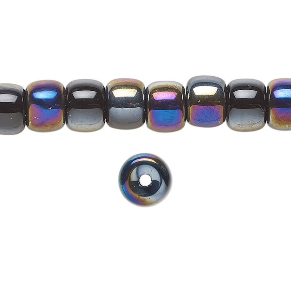 Bead, glass, opaque black rainbow, 8x6mm barrel. Sold per 15-1/2 to 16-inch strand. image number 0