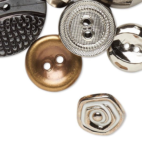 Button mix, resin and acrylic, mixed metallic colors, 8-50mm mixed shape. Sold per 1/4 pound pkg, approximately 95 to100 buttons. image number 0