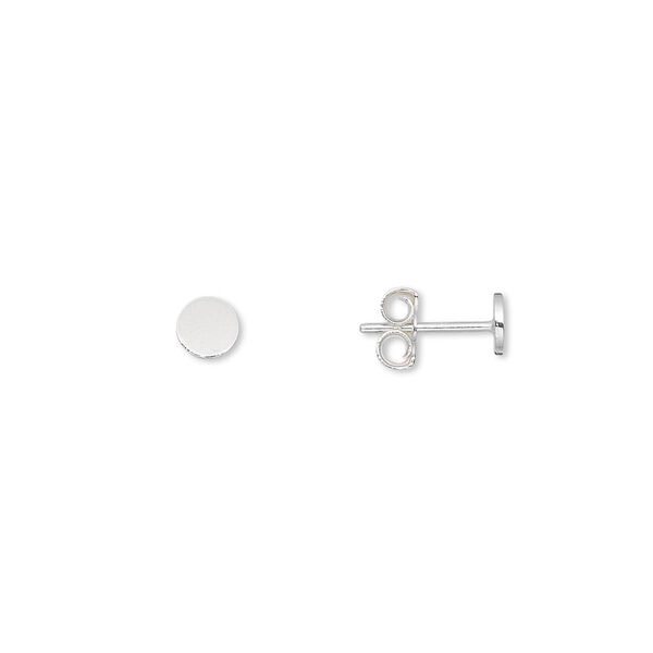 Earstud, sterling silver, 4mm round flat pad. Sold per pkg of 5 pairs. image number 0